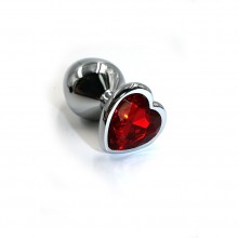 Анальная пробка из алюминия с красным кристаллом в форме сердца, цвет серебристый, Kanikule KL-AL042L, коллекция Anal Jewelry Plug, длина 8.2 см.