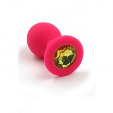 Анальная пробка из силикона с желтым стразом, цвет розовый, Kanikule KL-S0011M, коллекция Anal Jewelry Plug, длина 7 см.