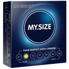 Качественные латексные презервативы «My.Size», размер 49, упаковка 3 шт., бренд R&S Consumer Goods GmbH, длина 16 см.