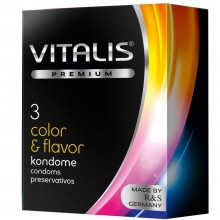 Цветные ароматизированные презервативы Vitalis Premium «Color & Flavor», упаковка 3 шт., бренд R&S Consumer Goods GmbH, длина 18 см.