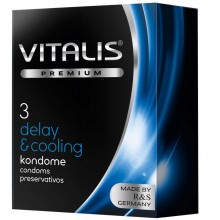 Презервативы Vitalis Premium «Delay & Cooling» с охлаждающим эффектом, упаковка 3 шт., бренд R&S Consumer Goods GmbH, из материала Латекс, длина 18 см.