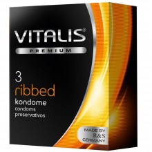 Ребристые презервативы Vitalis Premium «Ribbed» из натурального латекса, упаковка 3 шт., бренд R&S Consumer Goods GmbH, длина 18 см.