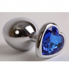 Металлическая анальная пробка с синим стразиком-сердечком от компании Luxurious Tail, цвет серебристый, 47105, коллекция Anal Jewelry Plug, длина 7.5 см.