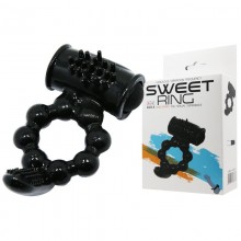 Эрекционное виброкольцо с щеточкой «Sweet Ring» для дополнительной стимуляции от компании Baile, цвет черный, BI-014075-1-0801, из материала TPE, диаметр 2 см.