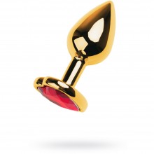 Анальная втулка с красным стразом в форме сердца из коллекции ToyFa Metal, цвет золотой, 717016-139, длина 7.5 см.