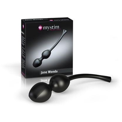 Вагинальные шарики на сцепке «E-stim Geisha Balls, Duo Jane Wonda» с миостимуляцией от компании Mystim, цвет черный, 46286, бренд Mystim GmbH, из материала Силикон, длина 19.6 см.