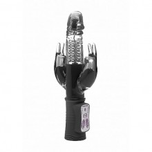 Вагинальный вибратор Hi-Tech «Laci Purple» с клиторальным и анальным кроликами из коллекции Simplicity by Shots, цвет черный, SH-SIM015BLK, бренд Shots Media, из материала TPE, длина 23 см.