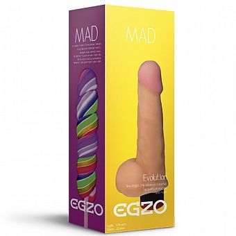 Вагинальный вибратор реалистик «Mad Lollipop» с мошонкой от компании Egzo, цвет телесный v004, длина 17.6 см.