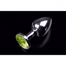 Маленькая серебристая анальная пробка с круглым кончиком и кристаллом - 7 см, цвет салатовый, от Пикантные штучки DPRSS252BG, из материала Металл, цвет Зеленый