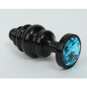 Металлическая фигурная анальная пробка с голубым стразом от компании 4sexdream, цвет черный, 47474-1MM, длина 8.2 см.