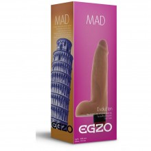 Реалистичный мультискоростной женский вибратор «Mad Tower» с мошонкой от компании Egzo, цвет телесный, V002, бренд EGZO , из материала CyberSkin, длина 20 см.