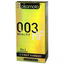 Презервативы облегающей формы «003 Real Fit» от компании Okamoto, упаковка 10 шт, 04722 One Size, из материала Латекс, длина 18.5 см.