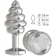 Металлическая пробка с ребрышками и прозрачным кристаллом от компании Джага-Джага, цвет серебристый, 515-01 white-DD, коллекция Anal Jewelry Plug, длина 7 см.