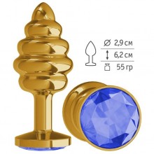 Металлическая пробка с ребрышками и синим кристаллом, цвет золотой, Джага-Джага 512-07 blue-DD, коллекция Anal Jewelry Plug, длина 7 см.