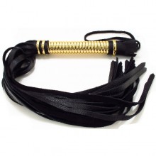 Черная кожаная плетка с золотистой рукоятью 50 см, бренд БДСМ арсенал, цвет Черный, длина 50 см.