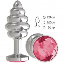 Металлическая анальная пробка «Silver Spiral» с ребрышками и малиновым кристаллом от компании Джага-Джага, цвет серебристый, 515-02 CR DD, коллекция Anal Jewelry Plug, длина 7 см.