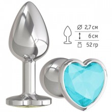 Анальная втулка «Silver» с голубым кристаллом-сердцем от компании Джага-Джага, цвет серебристый, 514-05 aqua-DD, длина 7 см.