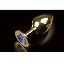 Большая металлическая анальная пробка с закругленным кончиком и синим кристаллом от компании Пикантные Штучки, цвет золотой, DPRLG252BLUE, коллекция Anal Jewelry Plug, длина 9 см.