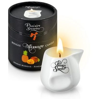 Массажная свеча с ароматом манго и ананаса «Bougie de Massage Ananas Mangue», 80 мл, Plaisirs Secrets 26033, из материала Масляная основа, 80 мл.