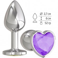 Металлическая анальная втулка с фиолетовым кристаллом-сердцем от компании Джага-Джага, цвет серебристый, 514-08 purple-DD, длина 7 см.