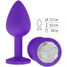 Силиконовая анальная пробка с прозрачным кристаллом от компании Джага-Джага, цвет фиолетовый, 519-01 WHITE-DD, коллекция Anal Jewelry Plug, длина 7.3 см.