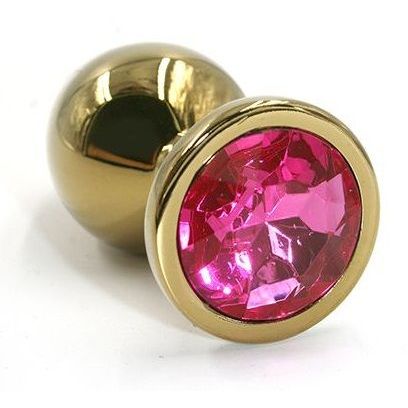 Металлическая анальная пробка с ярко-розовым кристаллом от компании Kanikule, цвет золотой, KL-AL002SG, коллекция Anal Jewelry Plug, длина 6 см.