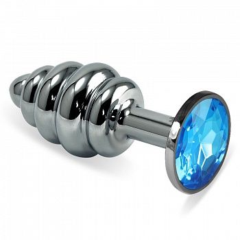 Анальная пробка фигурная с голубым стразом от компании 4sexdream, цвет серебристый, 47145-3MM, из материала Металл, коллекция Anal Jewelry Plug, длина 9 см.