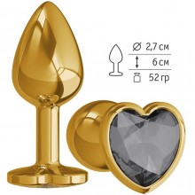 Металлическая анальная втулка с черным кристаллом-сердцем от компании Джага-Джага, цвет золотой, 511-09 black-DD, коллекция Anal Jewelry Plug, длина 7 см.