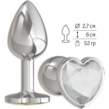 Металлическая анальная втулка с прозрачным кристаллом-сердцем от компании Джага-Джага, цвет серебристый, 514-01 white-DD, коллекция Anal Jewelry Plug, длина 7 см.