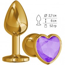 Металлическая анальная втулка с фиолетовым кристаллом-сердцем от компании Джага-Джага, цвет золотой, 511-08 purple-DD, длина 7 см.