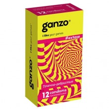 Презервативы из латекса «Extase №12» точечные, ребристые и анатомической формы, упаковка 12 шт, 0701-008, бренд Ganzo, длина 18 см.