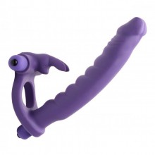 Силиконовый страпон «Double Delight Frisky» с вибрацией, цвет фиолетовый, XR Brands AD625, длина 19 см.