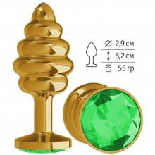 Металлическая анальная пробка с ребрышками и зеленым кристаллом, цвет золотой, Джага-Джага 512-03 green-DD, длина 6.2 см.