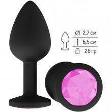 Силиконовая анальная втулка с розовым кристаллом, цвет черный, Джага-Джага 518-06 pink-DD, длина 6.5 см.