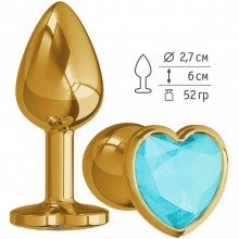Металлическая анальная втулка с голубым кристаллом-сердцем, цвет золотой, Джага-Джага 511-05 aqua-DD, коллекция Anal Jewelry Plug, длина 6 см.