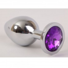 Металлическая анальная пробка с фиолетовым стразом, цвет серебристый, размер M, Luxurious Tail 47020-1, коллекция Anal Jewelry Plug, длина 8.2 см.