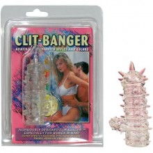 Прозрачная насадка с шипами и клиторальной шишечкой «Clit-Banger»,, бренд Tonga, из материала TPR, цвет Прозрачный, длина 10.5 см.