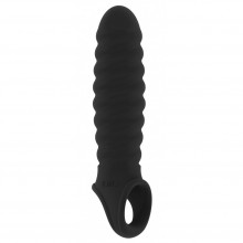 Ребристая тянущаяся насадка с кольцом «Stretchy Penis Extension» для утолщения члена, SONO №32, SON032BLK, бренд Shots Media, из материала TPE, длина 15 см.