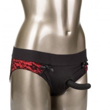 Страпон с кружевными трусиками-слипами в черно-красном цвете «Crotchless Pegging Panty Set», из серии Scandal от компании California Exotic Novelties, размер L/XL, SE-2712-53-3, бренд CalExotics, длина 12.75 см.