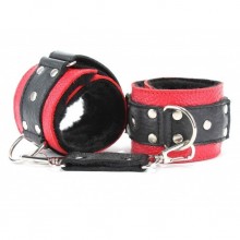Красно-черные наручники из кожи с меховой подкладкой, БДСМ арсенал 51009ars, цвет Красный, длина 15.5 см.
