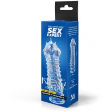 Прозрачная насадка на пенис с усиками и пупырышками, Sex Expert SEM-55198, из материала TPR, цвет Прозрачный, длина 13.5 см.