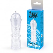 Прозрачная насадка на пенис с пупырышками и ребрышками, Sex Expert SEM-55199, цвет Прозрачный, длина 12.5 см.