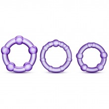 Набор из 3 фиолетовых эрекционных колец «Stay Hard Beaded Cockrings», Blush Novelties BL-00011, из материала TPE, цвет Фиолетовый, диаметр 3.8 см.
