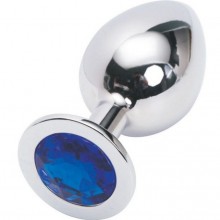 Серебряная металлическая анальная пробка среднего размера с синим стразиком, общая длина 8.2 см, 4sexdream 47018-1, цвет Синий, длина 8.2 см.