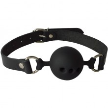 Силиконовый кляп-шар с отверстиями с кожанным ремешком, Ситабелла 3352-1, бренд СК-Визит, цвет Черный, диаметр 4.5 см.