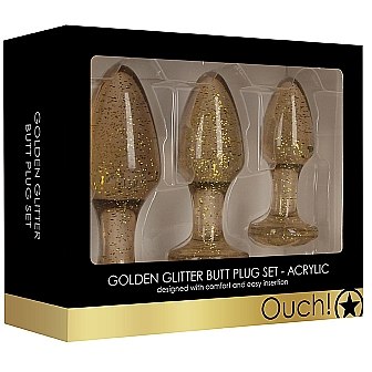 Набор из трех акриловых анальных пробок «Acrylic Goldchip Butt Plug Set» различного размера, прозрачный с золотым, Shots OU479GLD, бренд Shots Media, цвет Золотой, длина 11.1 см.