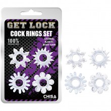 Набор из 4 прозрачных эрекционных колец «Get Lock» разной формы, внутренний диаметр 1.4 см, Chisa CN-330358234, бренд Chisa Novelties, длина 3.8 см.