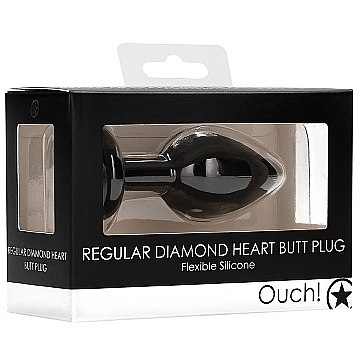 Анальная пробка «Diamond Heart Butt Plug» черного цвета с прозрачным стразом-сердечком, рабочая длина 6 см, Shots OU335BLK, бренд Shots Media, коллекция Ouch!, длина 7.3 см.