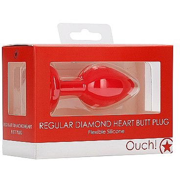 Средняя анальная пробка «Diamond Heart Butt Plug» с прозрачным стразом в форме сердечка, рабочая длина 6 см, Shots OU335RED, из материала Силикон, коллекция Ouch!, длина 7.3 см.