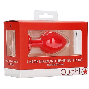 Крупная красная анальная пробка «Large Ribbed Diamond Heart Plug» с прозрачным стразом в форме сердечка, рабочая длина 7 см, Shots OU336RED, коллекция Ouch!, длина 8 см.